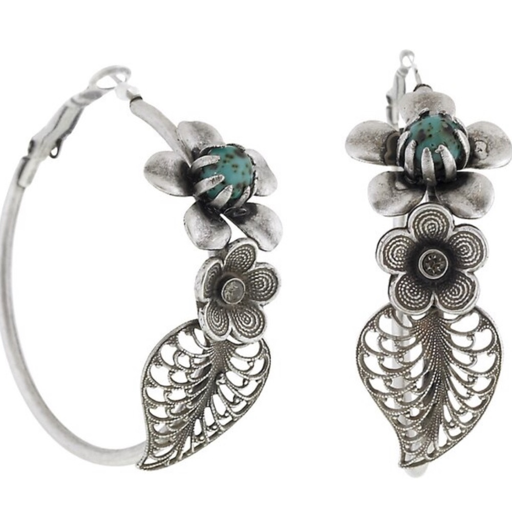 Antiqued Silver Pewter Filigree Turquoise Hoop Earrings-Boutique